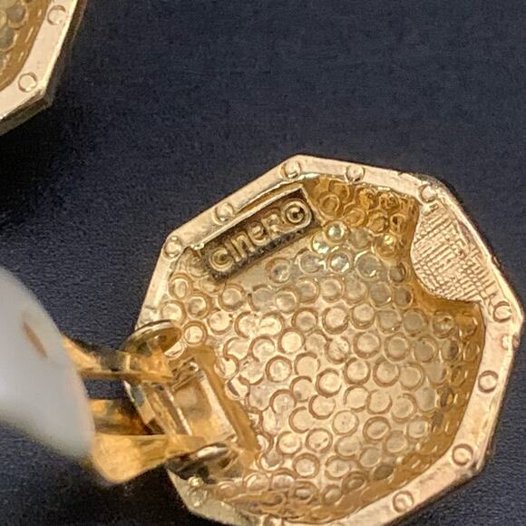 Vintage Ciner Gripoix Enamel Rhinestone Geometric Clip On Earrings Signed - Picture 5 of 6